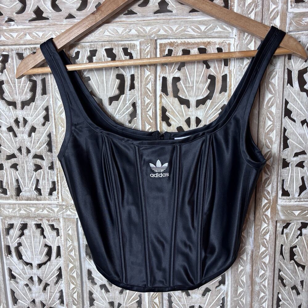 adidas Black Firebird Pleather Corset Women XS Lifestyle Top AsiaFit NWOT H18830